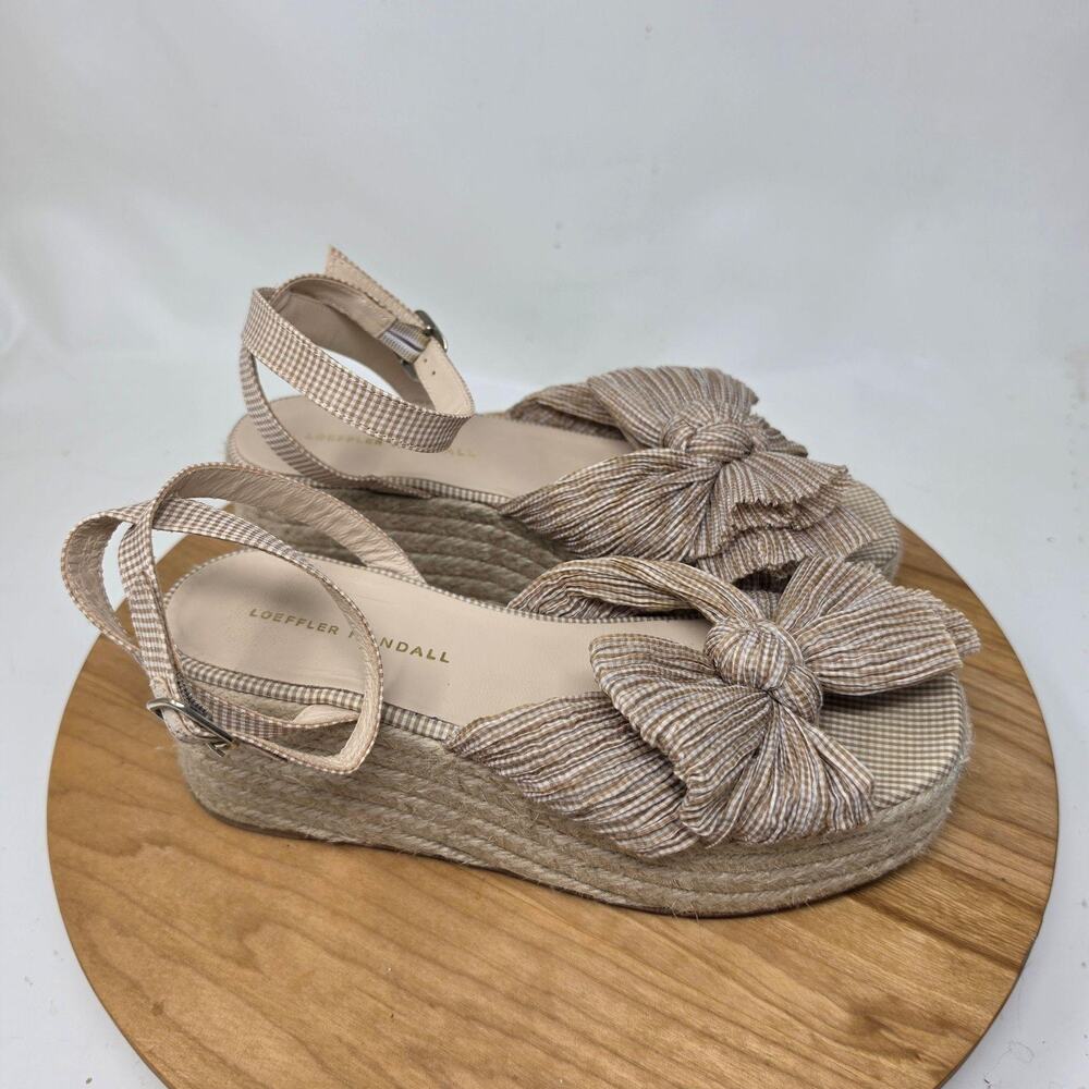 Loeffler Randall Shoes 7.5 Posey Espadrille Gingham Pleated Wedge Bow Jute Chic